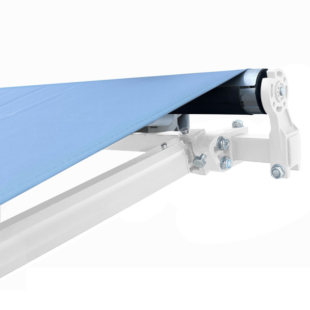 Close-up of awning fabric and mechanism